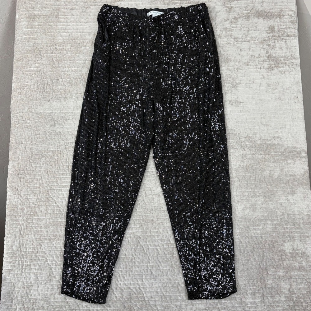 Trina Turk Black Sequin Pants Size S Elastic Waist Tapered Leg‎ 2010506SQ1